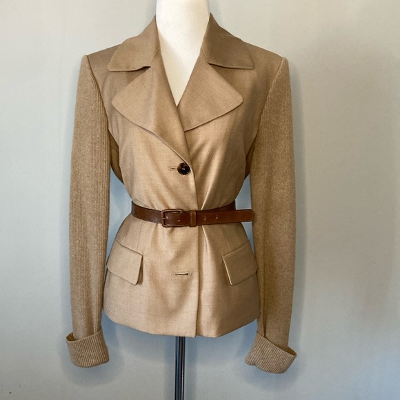 Anne Klein Elegant Tan Wool Cashmere Belted Blazer Knitted Sleeves Sz Med - Picture 3 of 9
